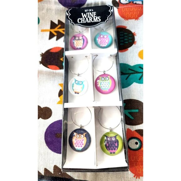 Wine charms Owl's Set of 6 Green Black Pink White Reusable Bag with Owl's 10 x 9 - Picture 1 of 6